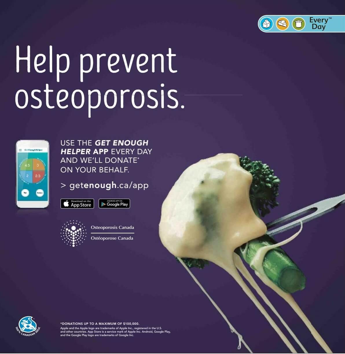 Infographic of a broccoli with cheese the the Osteoporosis Canada and Canadian dairy logo with the mention help prevent osteoporosis