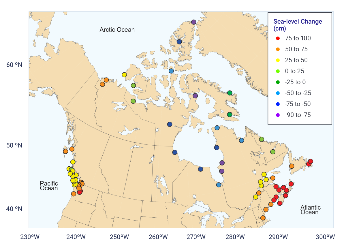 Map of projected sea level change in Canada showing in some area sea level will increase up to 1 meter