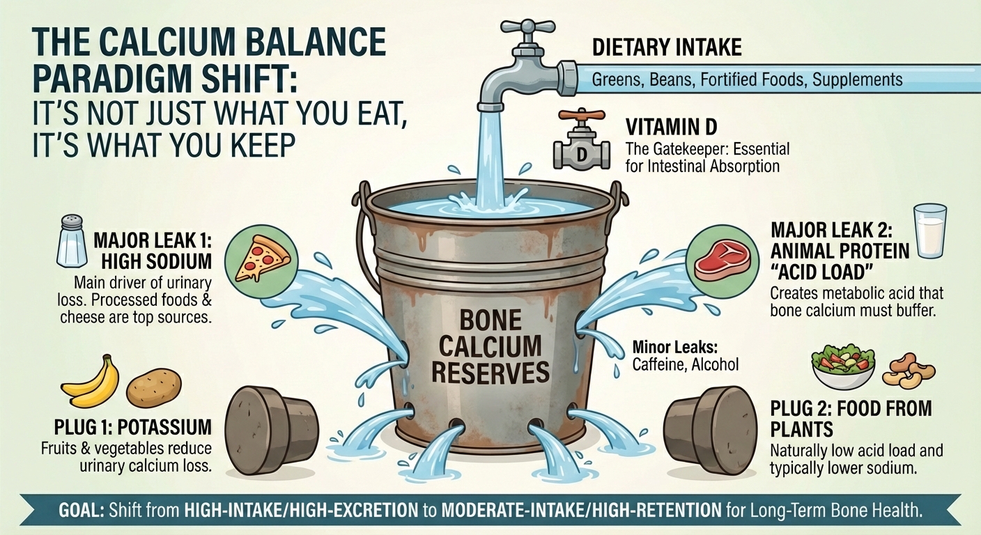 Infographic page 1 summarizing the calcium paradigm shift and the leaking bucket metaphor of high intake and high excretion