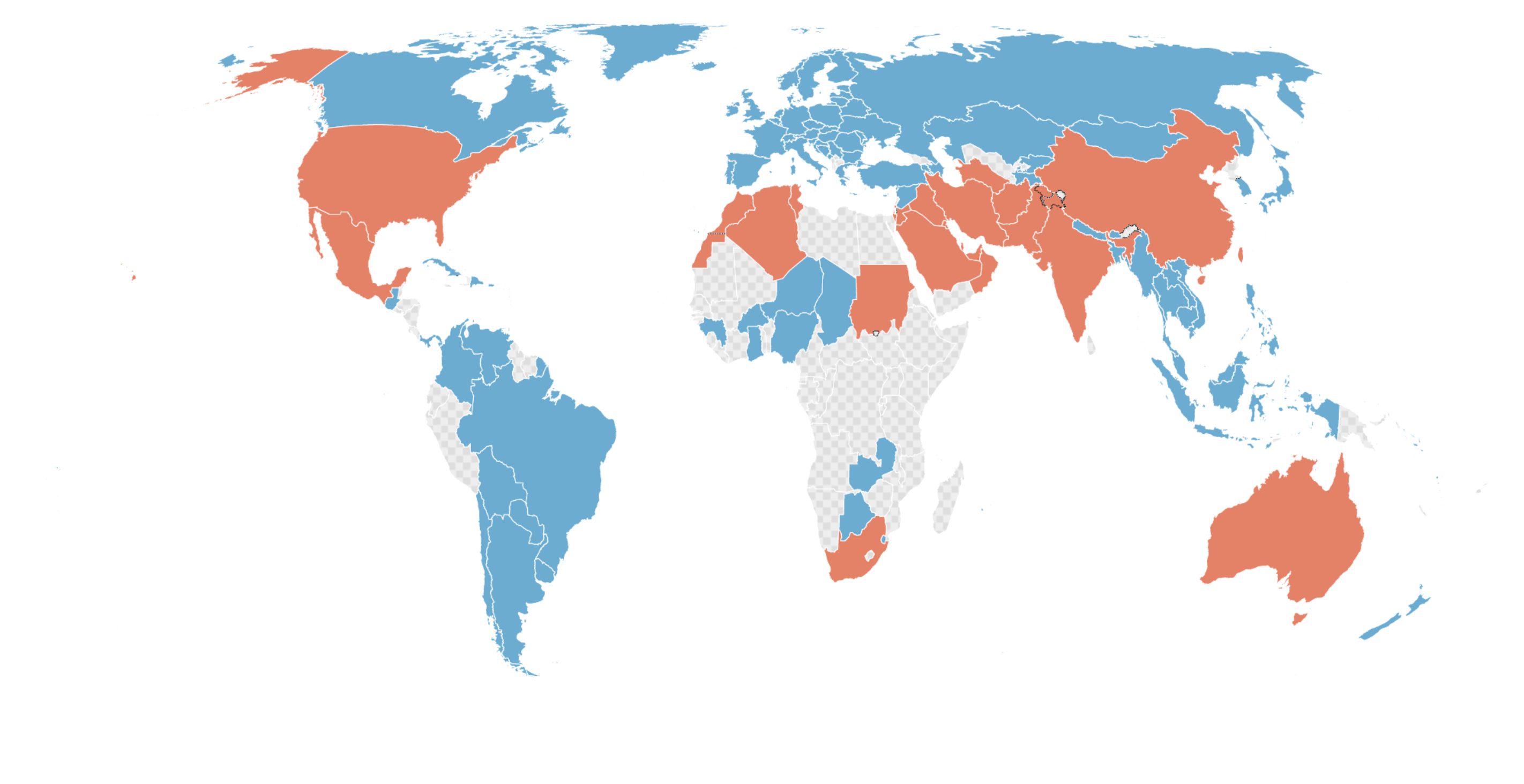 World map showing countries in red or blue showing most country in blue