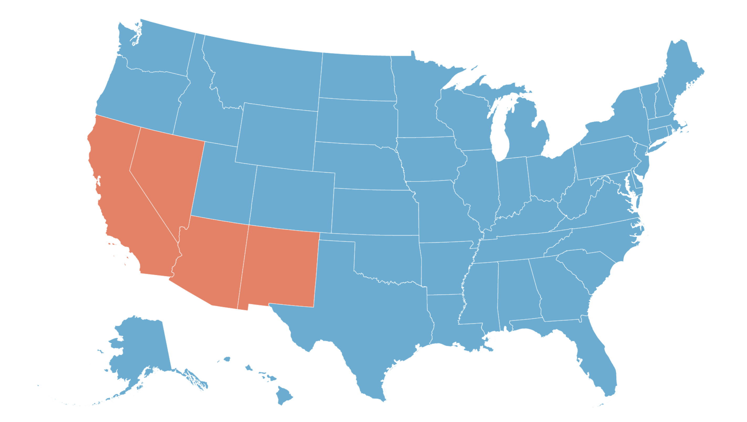 Map of the US showing US states in red or blue showing most states in blue