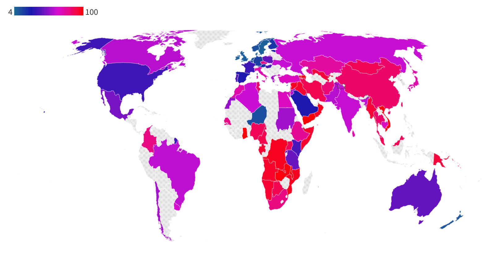 Country map showing lactose intolerance by countries from blue to red showing most countries in shades of purple or red